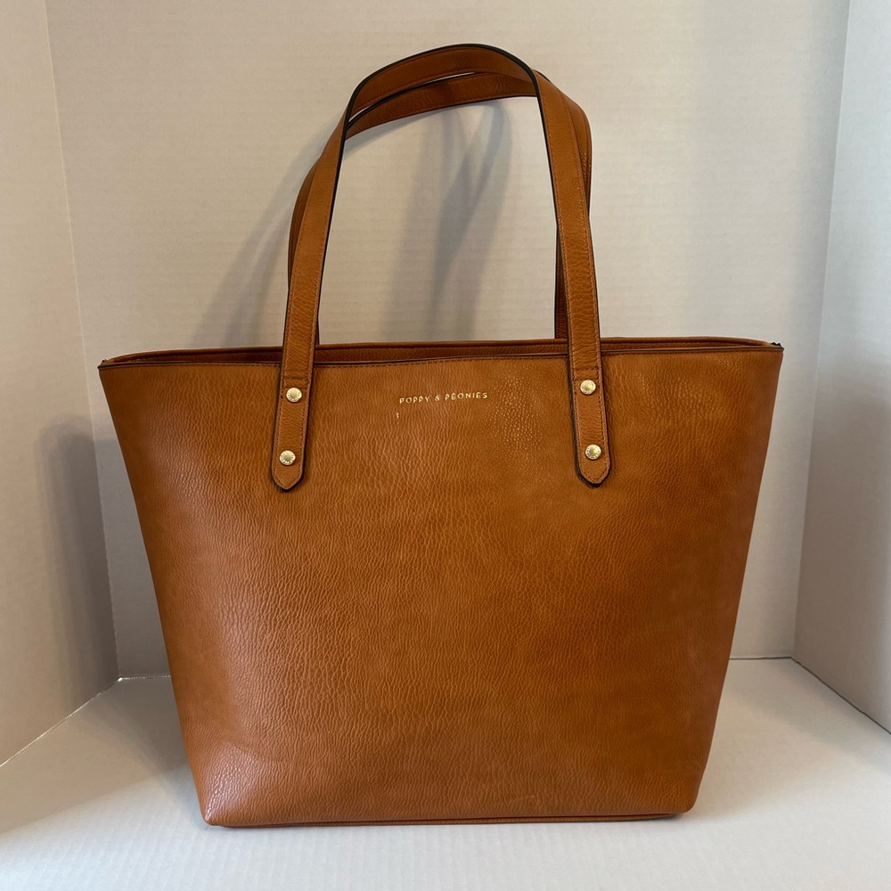 Poppy & Peonies Cognac Leather Laptop Tote